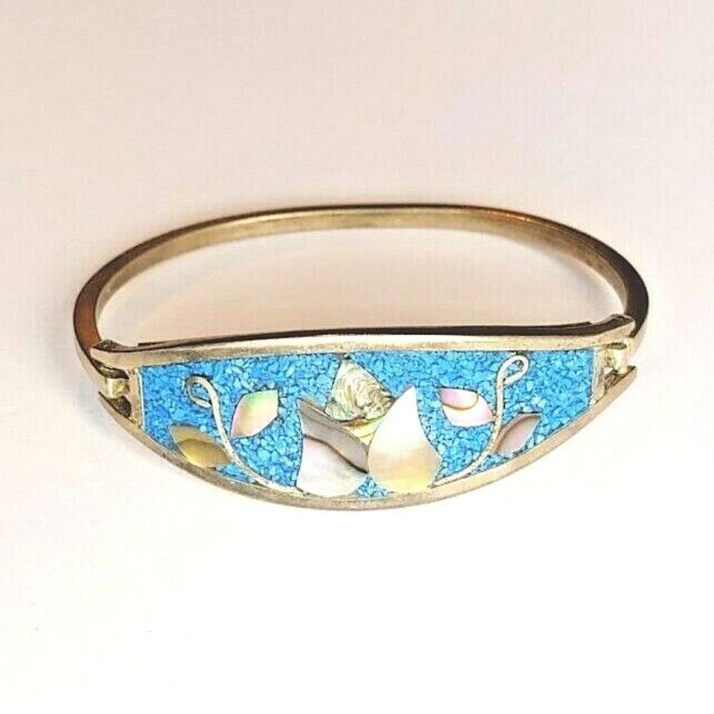 Mexico Alpaca Silver Mother of Pearl Abalone Inlay Flower Bud Bracelet Bangle